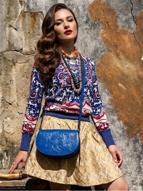 NWT Patricia Nash Sky Blue Lydie Floral Tooled Leather Crossbody Purse